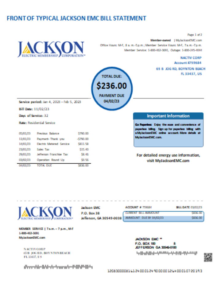 Georgia JACKSON EMC utility business bill, page 1 SCR PSD template